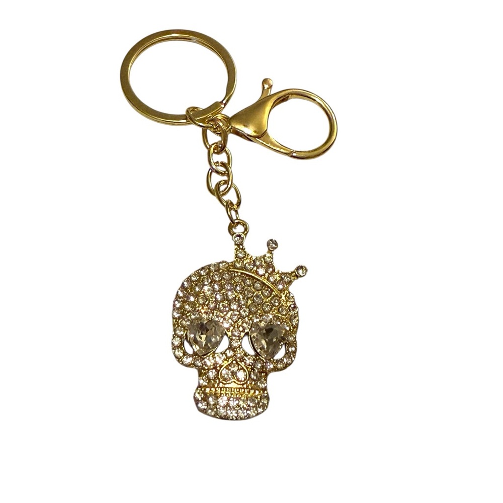 Skull Keychain with Clear Rhinestones in Gold Tone